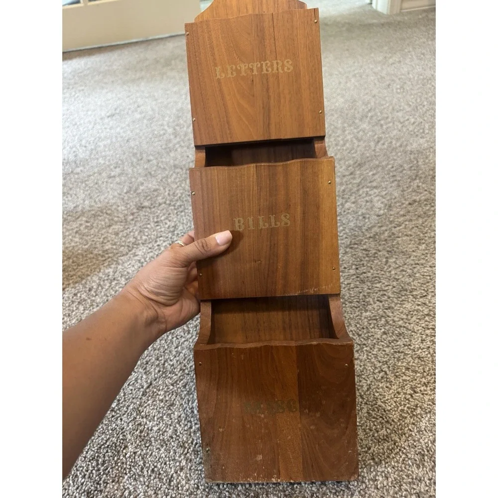 Vintage MCM Wooden 3 Tier Wall Hanging Mail Organizer Letters‎ Bills Misc-22